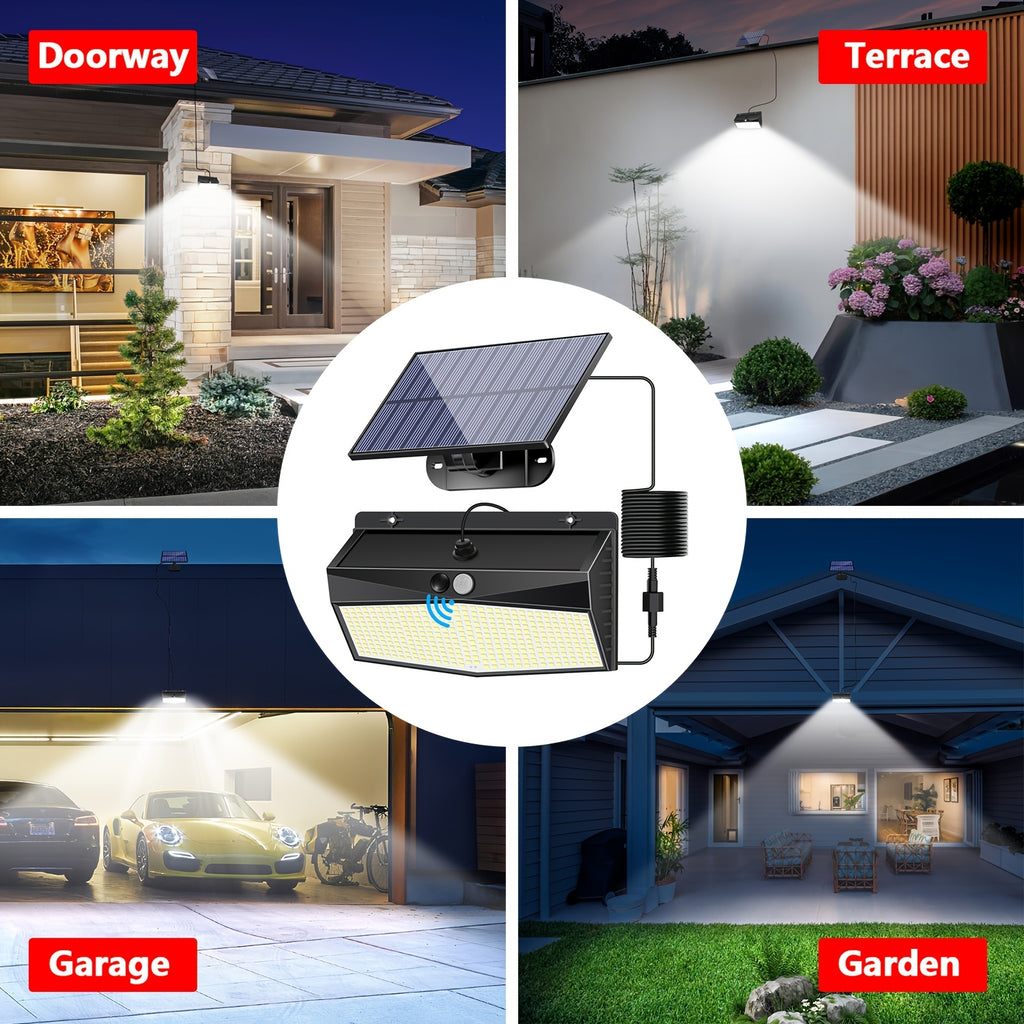 1 Outdoor Solar Light with 368 LEDs, Motion Sensor Light, IP65 Waterproof Rating, Porch and Garden Wall Light, with 3 Working Modes, Exterior Wall Light for Garage Front Door Fence, Cool White Light, with 16.4FT Cable, Also Suitable for Indoor