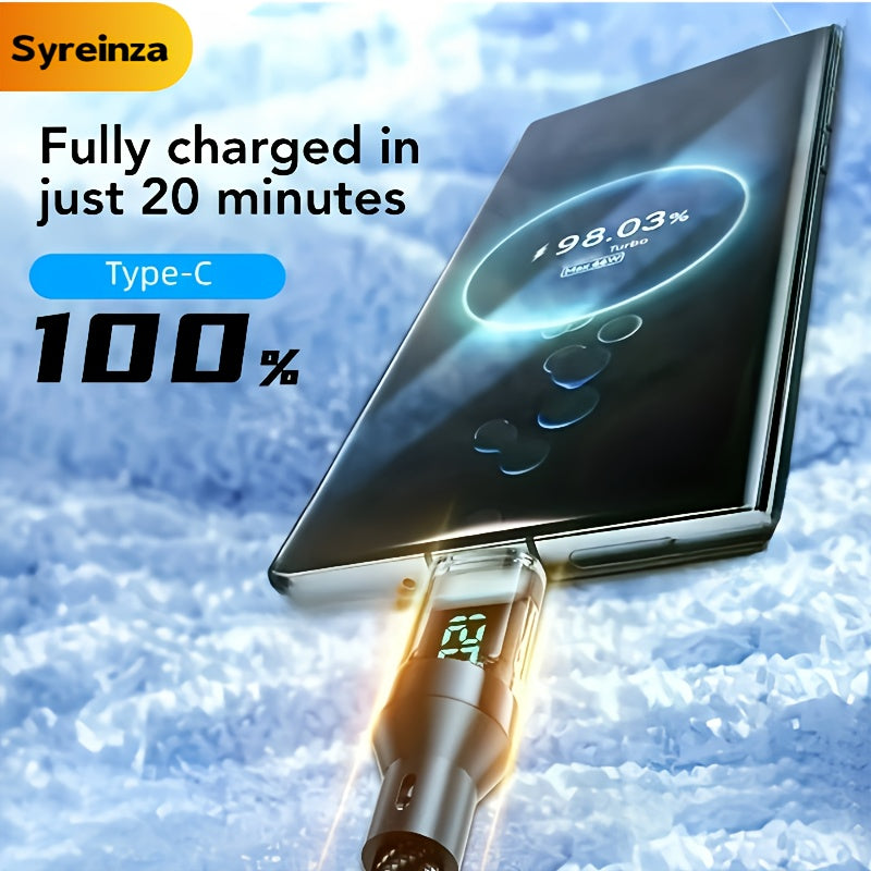 120W6A超快充USB-C线，Type-C转Type-C，黑色扁平尼龙PVC资料同步线，附实时数位显示器,≤36V工作电压，品牌Syreinza，适合家庭办公室旅行尼龙编织加固耐用高品质科技爱好者数据线适用于 iPhone, Android, Samsung