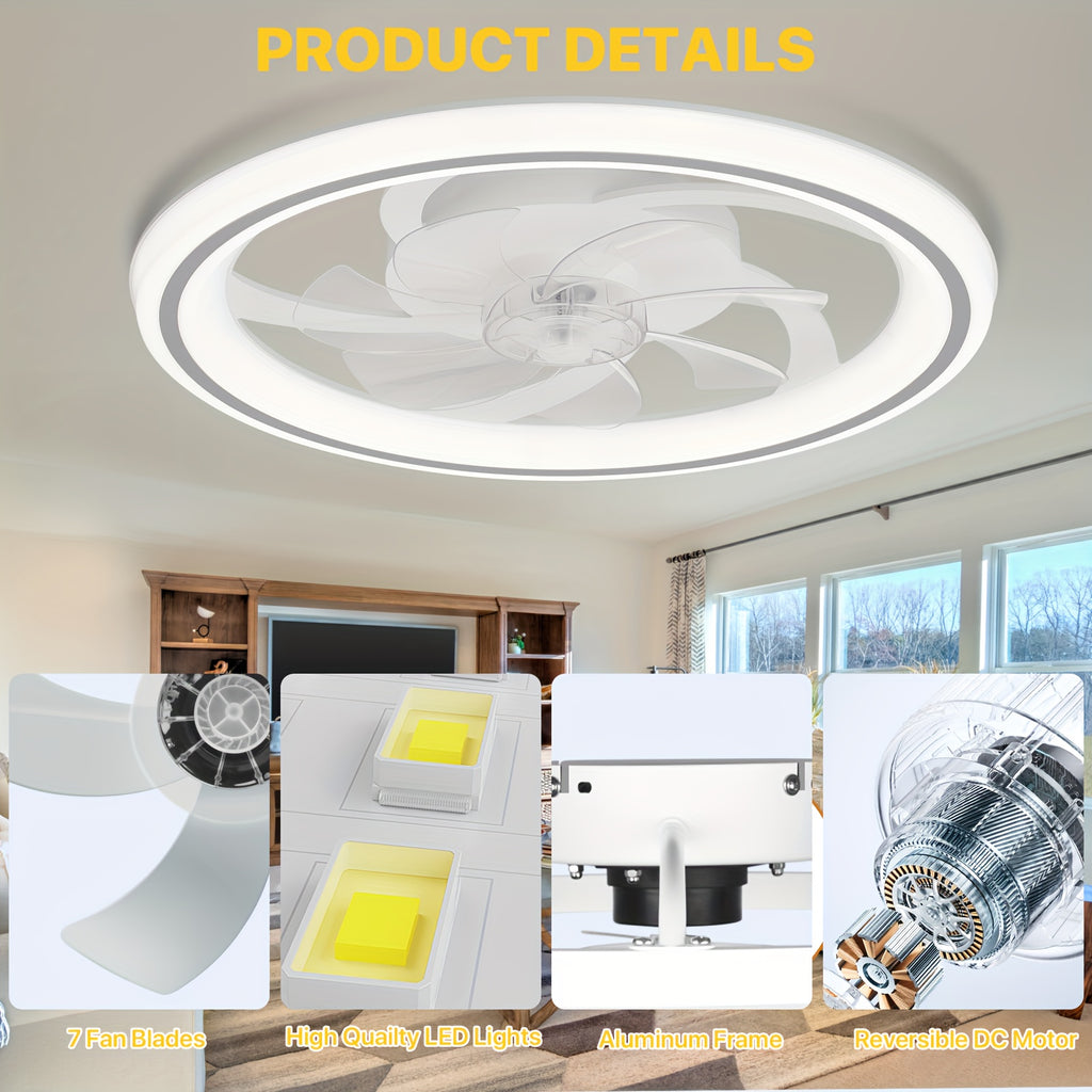20 Inch Modern Dimmable LED Ceiling Fan Light, APP & Remote Control, 3 Color Temperatures, 6 Speed Levels, Flush Mount Design for Bedroom, Night Mode, Timer Function, Wireless Control, Polished Finish, Bedroom Ceiling Fan, Modern Lighting