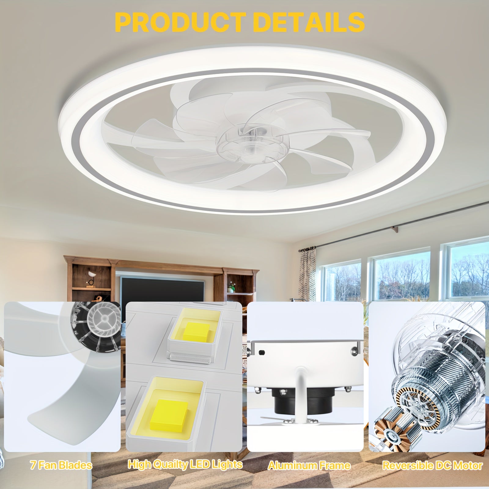 20 Inch Modern Dimmable LED Ceiling Fan Light, APP & Remote Control, 3 Color Temperatures, 6 Speed Levels, Flush Mount Design for Bedroom, Night Mode, Timer Function, Wireless Control, Polished Finish, Bedroom Ceiling Fan, Modern Lighting