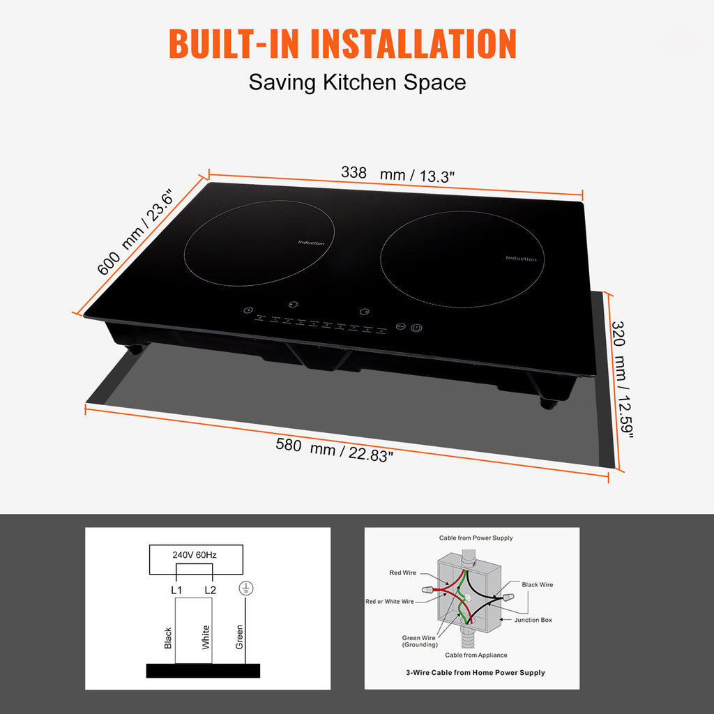 VEVOR Induction Cooktop, 2 Burners, 24-Inch Induction Stove, Built-In Magnetic Stove, 1800W, 9-Level Multi-Function Burner, LED Touch Screen, with Child Lock & Over-Temperature Protection