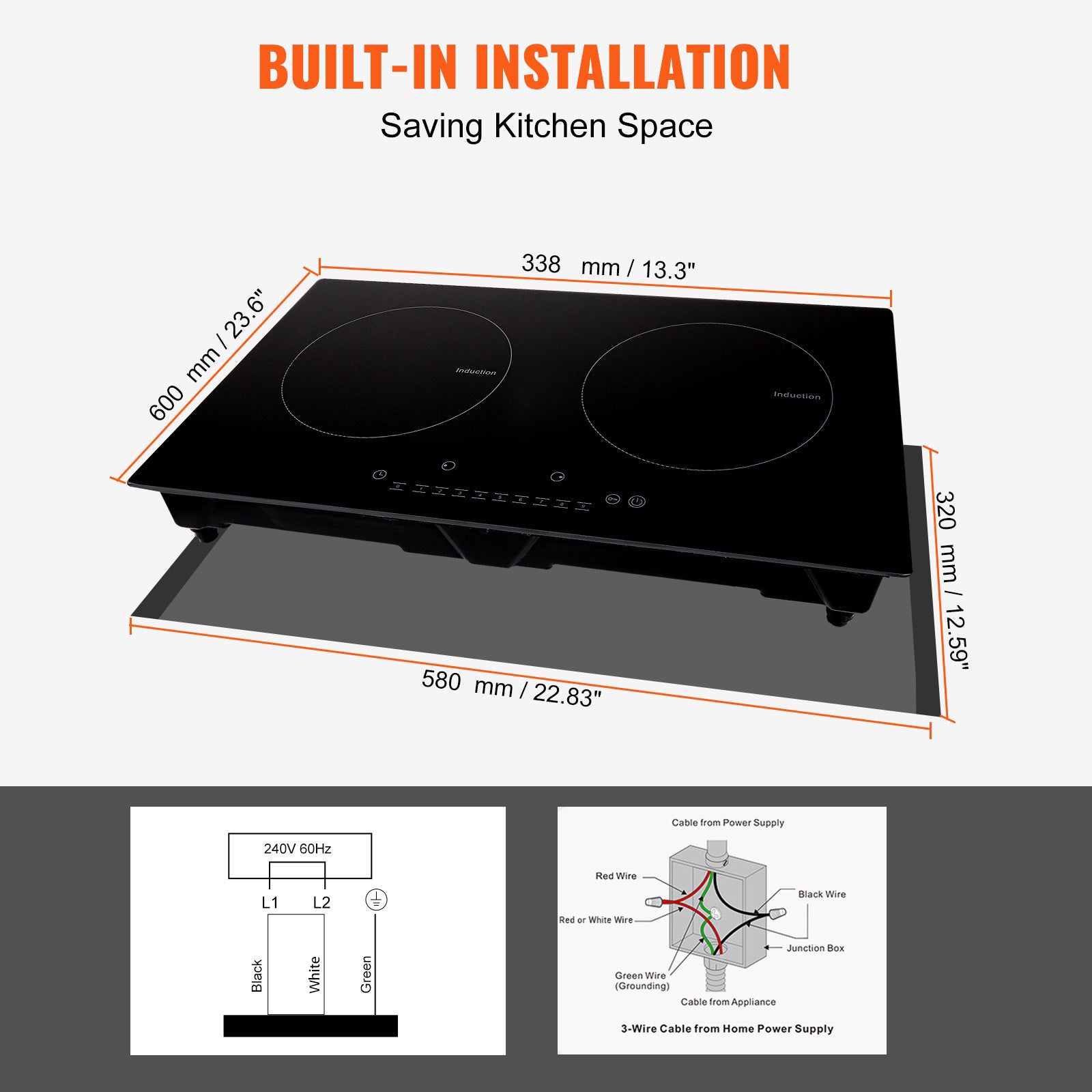 VEVOR Induction Cooktop, 2 Burners, 24-Inch Induction Stove, Built-In Magnetic Stove, 1800W, 9-Level Multi-Function Burner, LED Touch Screen, with Child Lock & Over-Temperature Protection