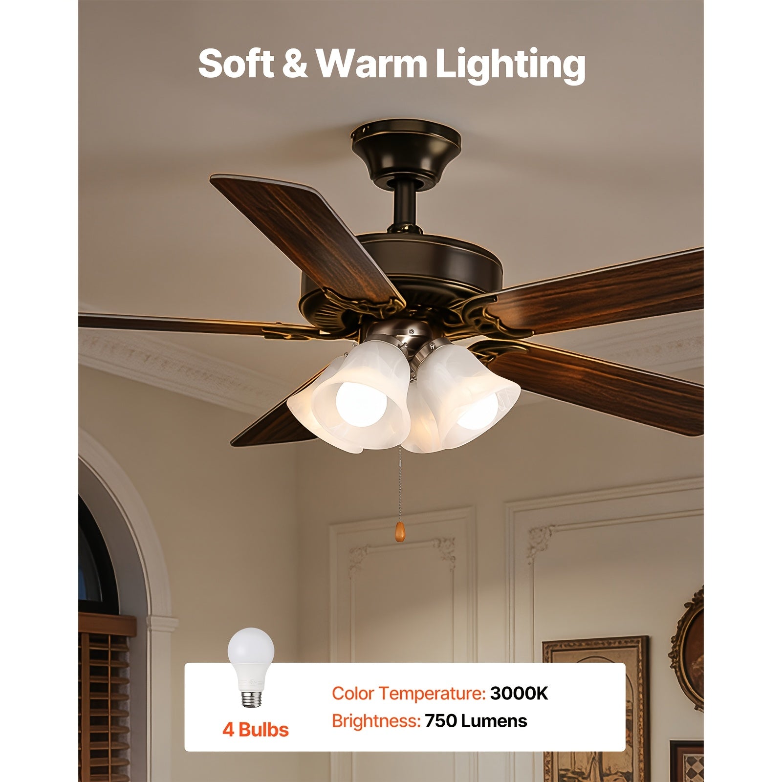 4 Pcs Flower Shaped Ceiling Fan with Light, Pull Chain Design, 750lm Brightness, 110V Plug-Free, S001 Model, Available for All Sales Channels