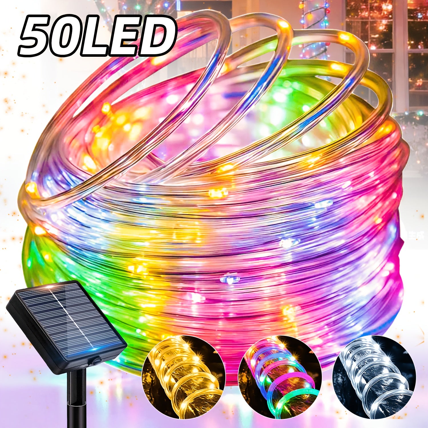 Solar garden tube light, outdoor decorative smart light string, 12 flashing modes fairy light, light-sensing on/off, PVC material, suitable for courtyards, fences, patios, camping, parties, holiday decorations - warm white / white / multicolor