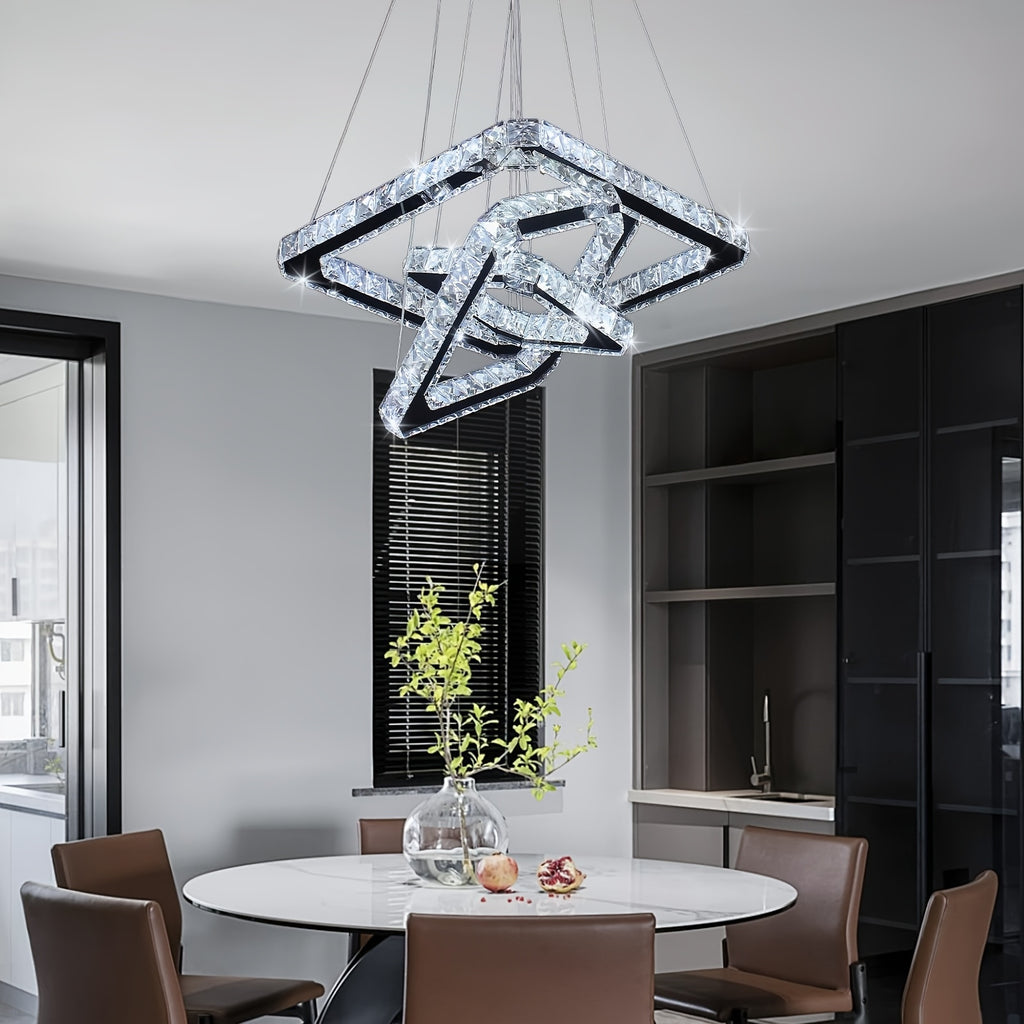 Modern Square Ring Crystal Chandelier, Height Adjustable Ceiling Light (Cool White Light)