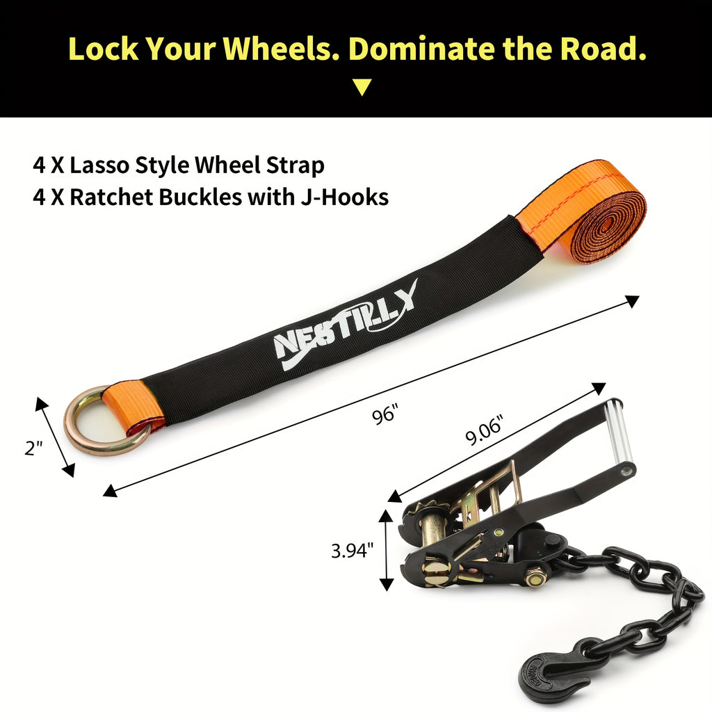 4-Pack Reflective Car Trailer Tie Down Straps - Tire Ratchet Straps with Chain Anchor Device - 2in x 8ft, 9900lb Break Strength - Lasso-Style Wheel Straps for Transporting ATVs, SUVs, Trucks