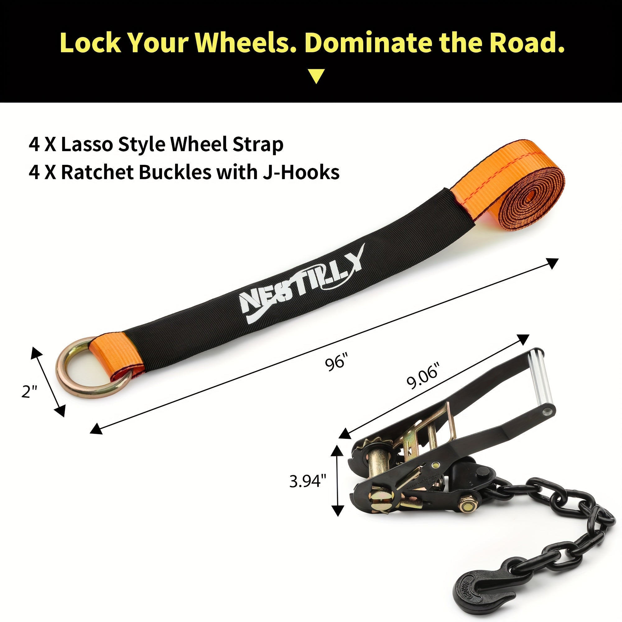 4-Pack Reflective Car Trailer Tie Down Straps - Tire Ratchet Straps with Chain Anchor Device - 2in x 8ft, 9900lb Break Strength - Lasso-Style Wheel Straps for Transporting ATVs, SUVs, Trucks