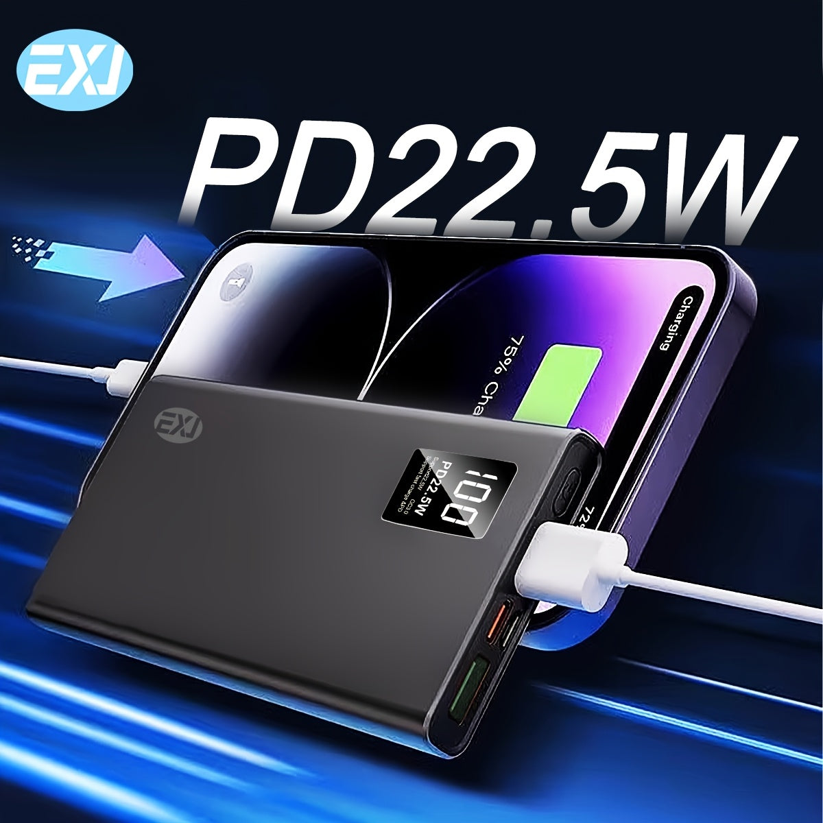 EXJ 22.5W Fast Charging Power Bank 10000/20000mAh LED Digital Display Dual USB Type-C Safe Lithium Polymer Battery Portable Charger Compatible with iPhone & Android Travel & Daily Use