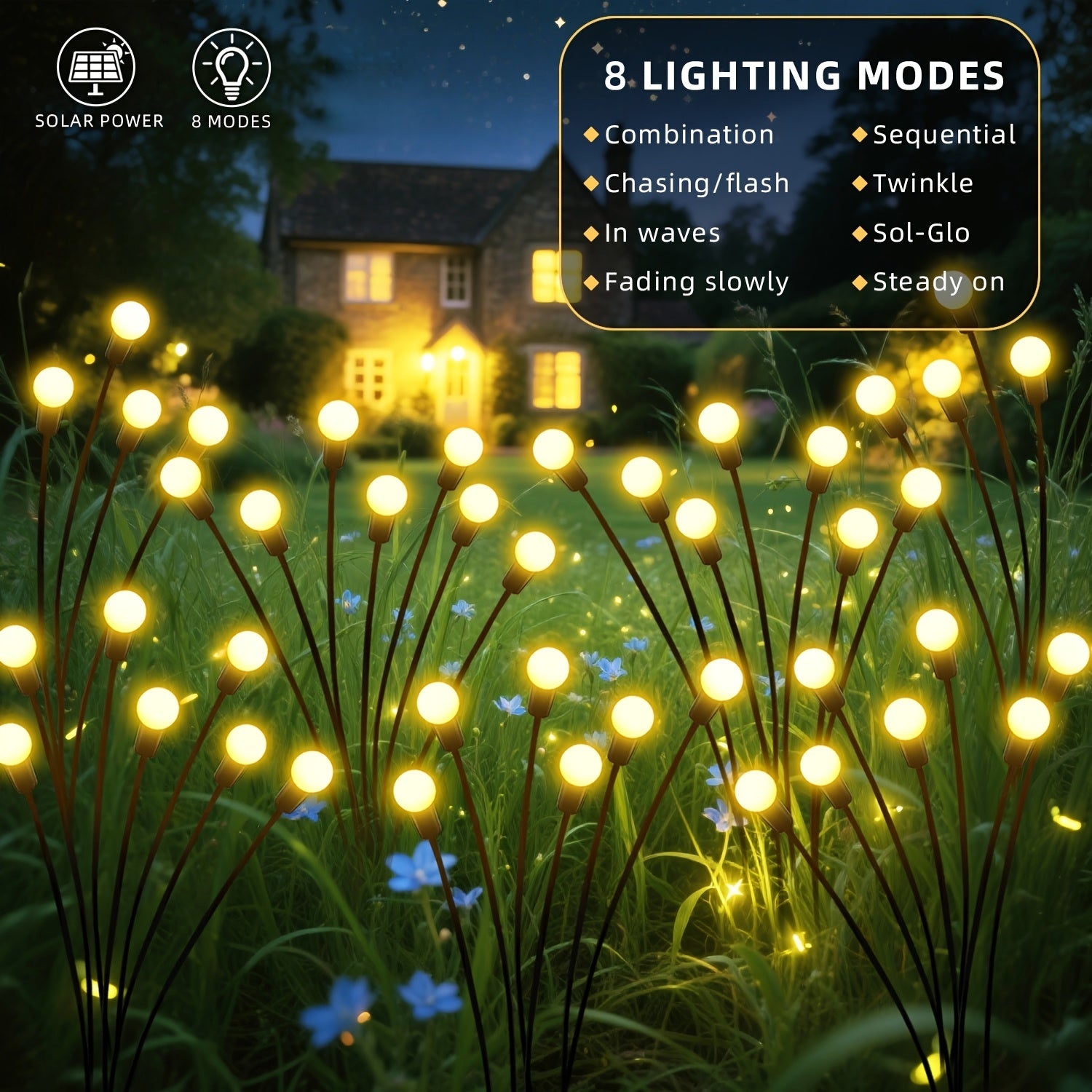 4pcs,32LED 太阳能花园草坪装饰灯，户外闪烁萤火虫灯，8种灯光模式，随风摆动-IPX4仙女灯串，适用于花园、庭院、小径、草坪、景观照明、露台装饰