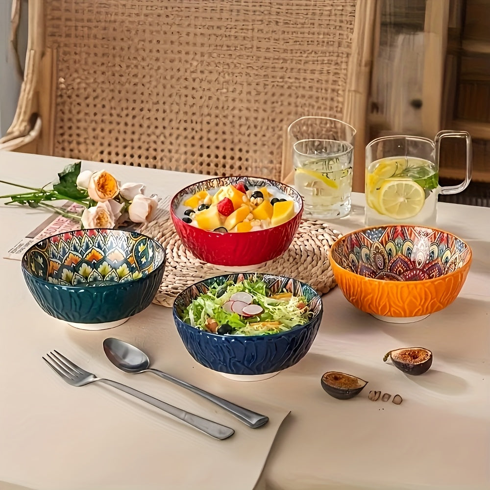 4-Piece Bohemian Style Ceramic Bowl Set, 6.5-Inch, Pattern Design, Striped Salad Bowl, Multi-Purpose – Perfect for Cereal, Soup, Oatmeal, Pasta Bowl, Large Salad Bowl