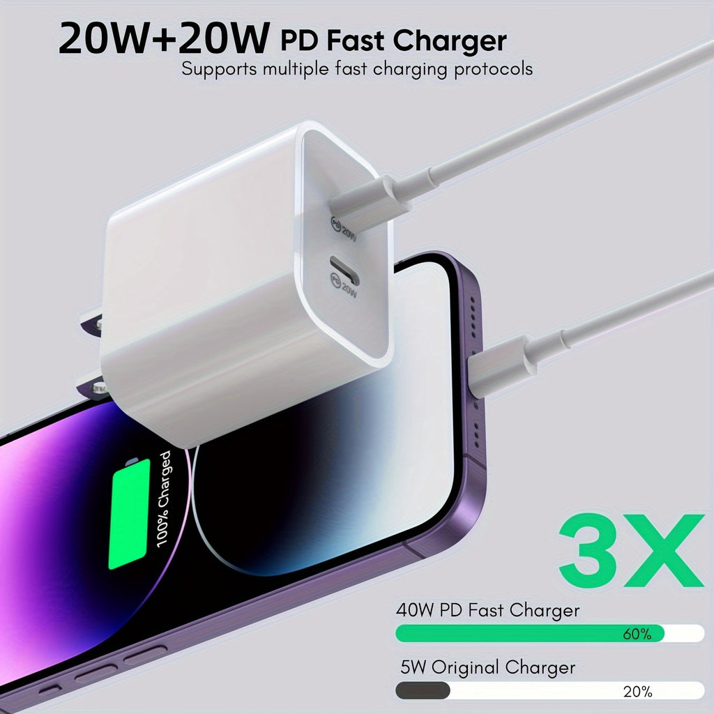 40W Dual USB-C Quick Wall Charger with 10FT Charging Cables, Perfect for Fast Charging Your for Iphone 14/13/12/11/Xr/Xs/Se/Ipad