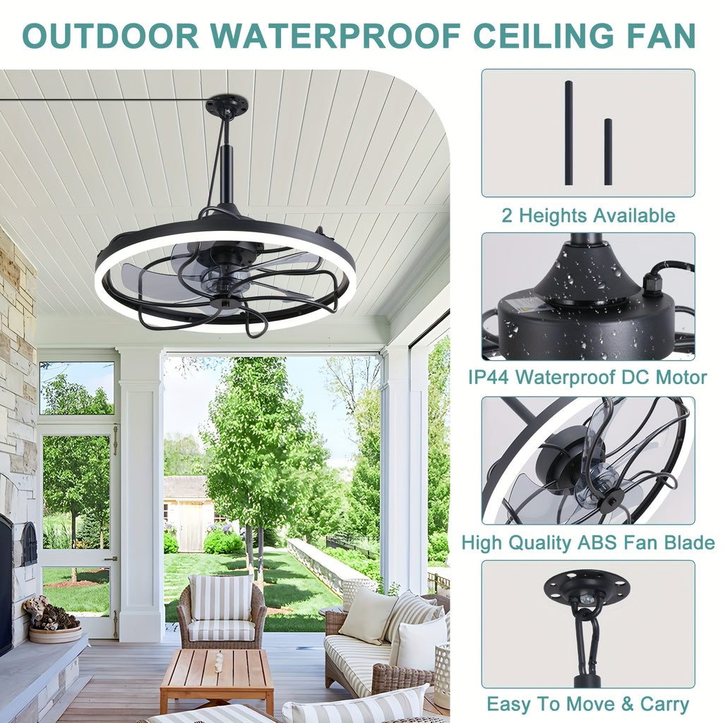 20 Inch Outdoor Ceiling Fan with Light, Waterproof Gazebo Fan with Lighting, Hanging Outdoor Fan with Remote & Protective Cover, 6 Speed Adjustable Black Fan for Patio, Pergola, Porch, Canopy
