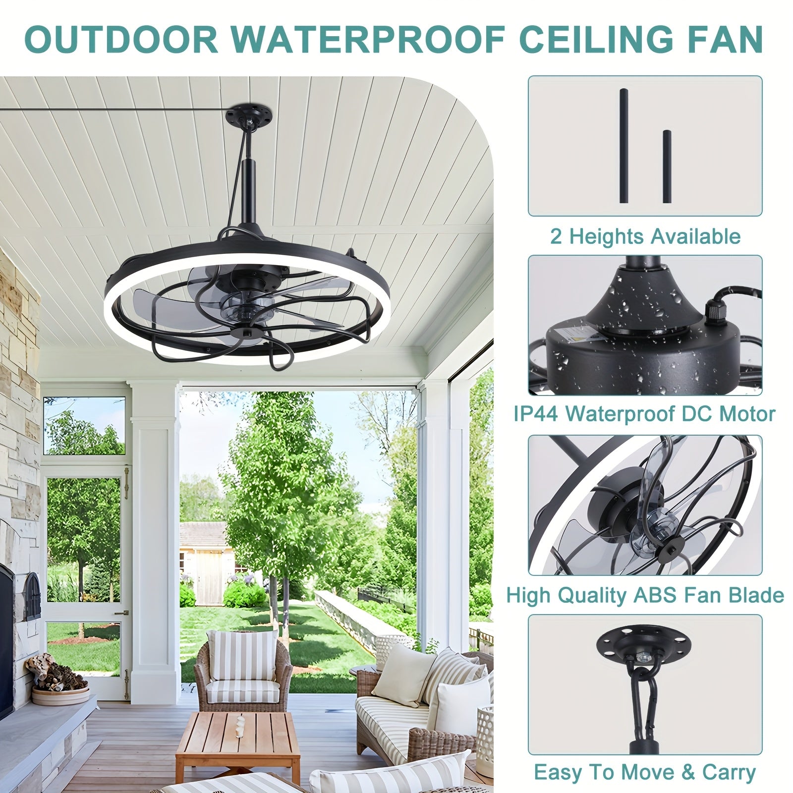20 Inch Outdoor Ceiling Fan with Light, Waterproof Gazebo Fan with Lighting, Hanging Outdoor Fan with Remote & Protective Cover, 6 Speed Adjustable Black Fan for Patio, Pergola, Porch, Canopy