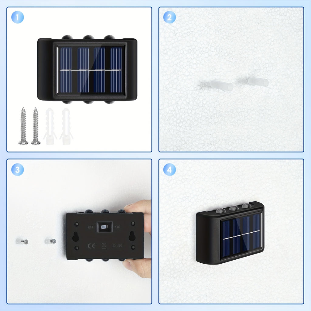 Four Sets Solar Wall Light, 6 LED Beads Outdoor Wall Light, Up and Down Lighting, Light Sensor, Suitable for Courtyard, Porch, Fence, Patio Lighting Wall Light, Holiday Atmosphere Decorative Light Fixture