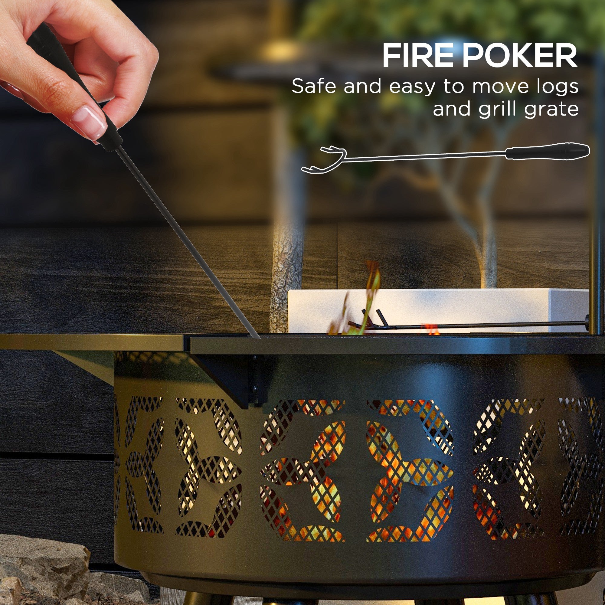 2-in-1 Fire Pit & Charcoal BBQ Grill, 33-Inch Portable Wood Burning Fire Pit with Adjustable Cooking Grate, Pan & Poker, Camping Bonfire Stove, Black