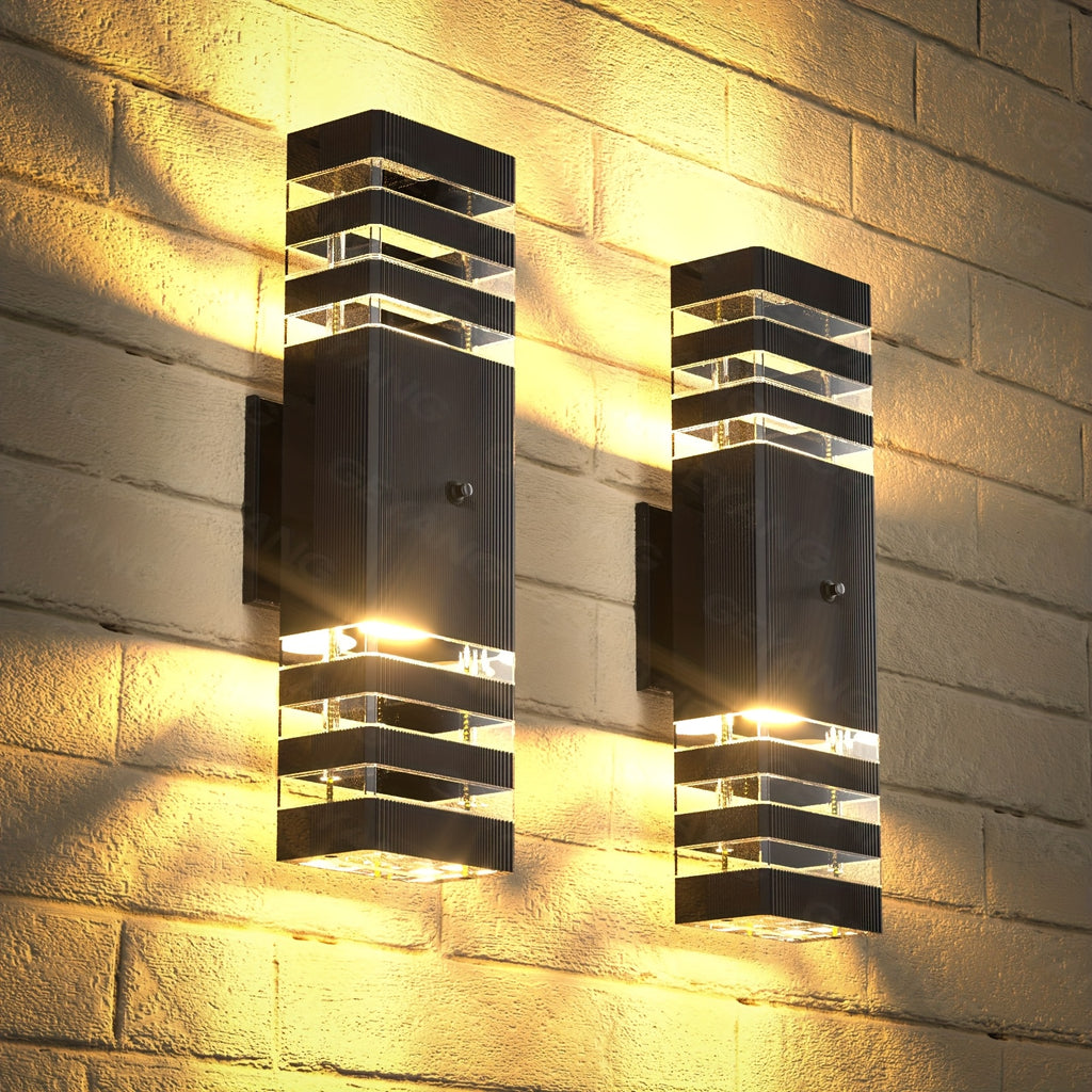 GEYANG Dusk to Dawn Outdoor Wall Light, Modern Square Aluminum Outdoor Lighting Fixture, 3-Layer Black Waterproof Wall Light with Up and Down Light, Suitable for Home Garage, Patio, Garden (Bulb Included)