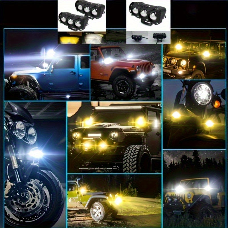 2 LED Motorcycle Spotlights, Super Bright Triple-Eye Motorcycle Light, Motorcycle Fog Light, Yellow/White Light High/Low Beam, Men‘s Auto Repair Lighting, Truck LED Light, Truck Accessories, Fits Pickup Trailer Bus Truck