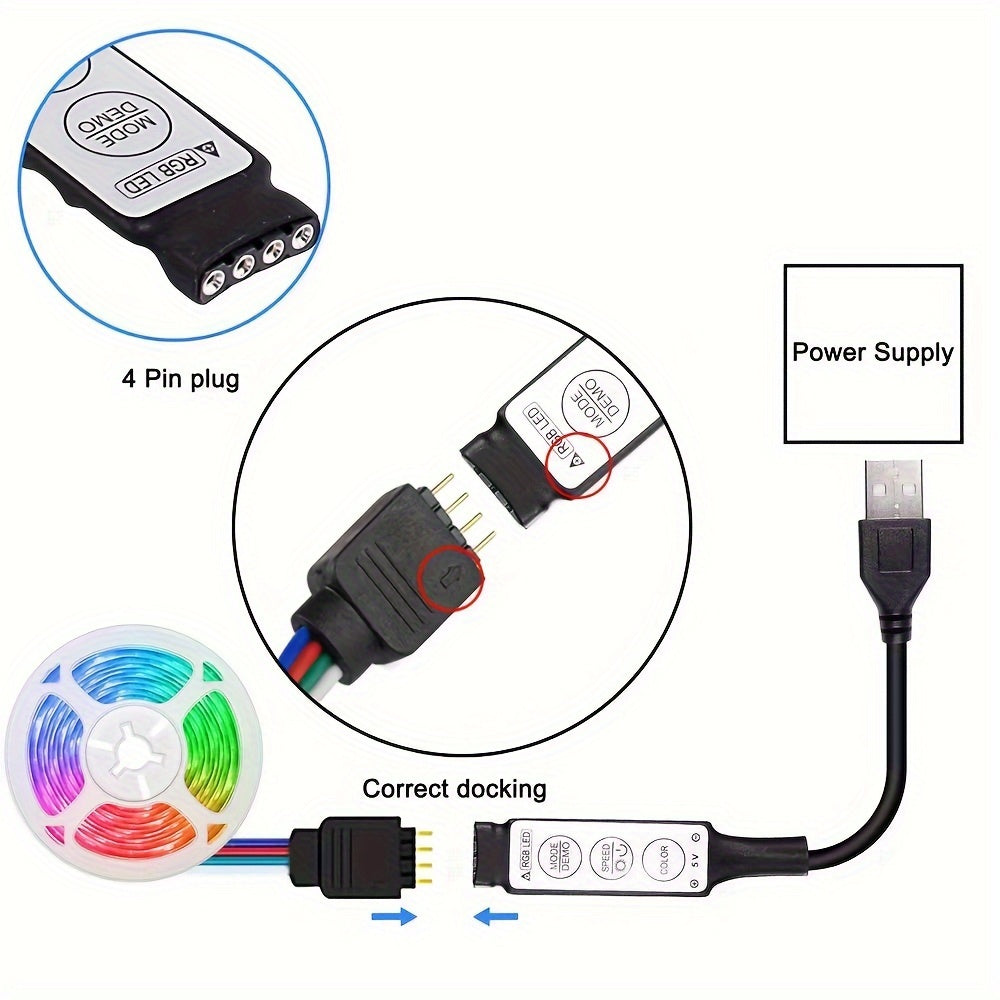 RGB LED灯带，USB 5V供电，3键控制器，可变色可调光，适用于派对氛围、电视背光、卧室、客厅、家居装饰、环境照明、DIY小夜灯、USB小工具、仙女灯、情绪灯、游戏桌搭配灯
