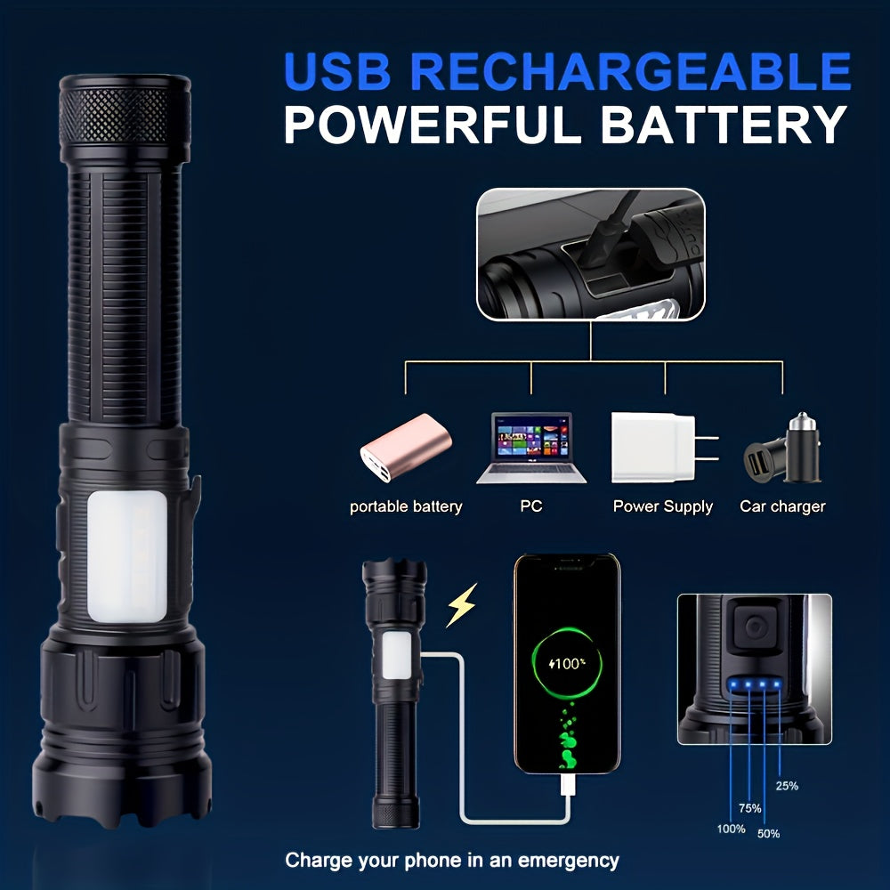 4-in-1 LED Aluminum Alloy Ultra-Bright Zoomable Outdoor Flashlight with 4 Light Sources, COB Side Emergency Light, Rechargeable High Lumen Tactical Flashlight, Ideal for Hiking, Hunting, Camping, Handheld Lighting, Fishing & Various Outdoor Activities