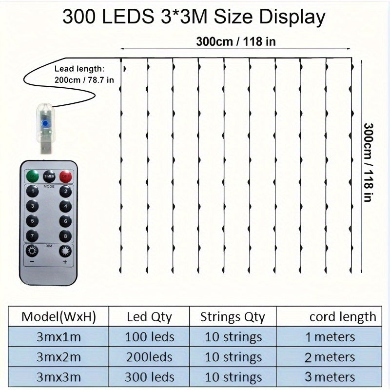 LED 童话窗帘灯，仙女灯串，卧室用童话窗帘灯，冷白 USB 插入式 8 种模式吊灯串，带遥控器，适用于圣诞节、卧室、室内、婚礼、派对等装饰 适合四个季节