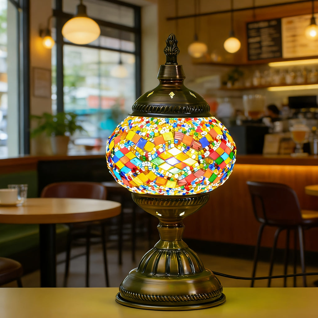 Three-color adjustable handmade Moroccan mosaic table lamp - unique artistic metal base glass bedside night light, bulb included, suitable for bedroom, living room decoration