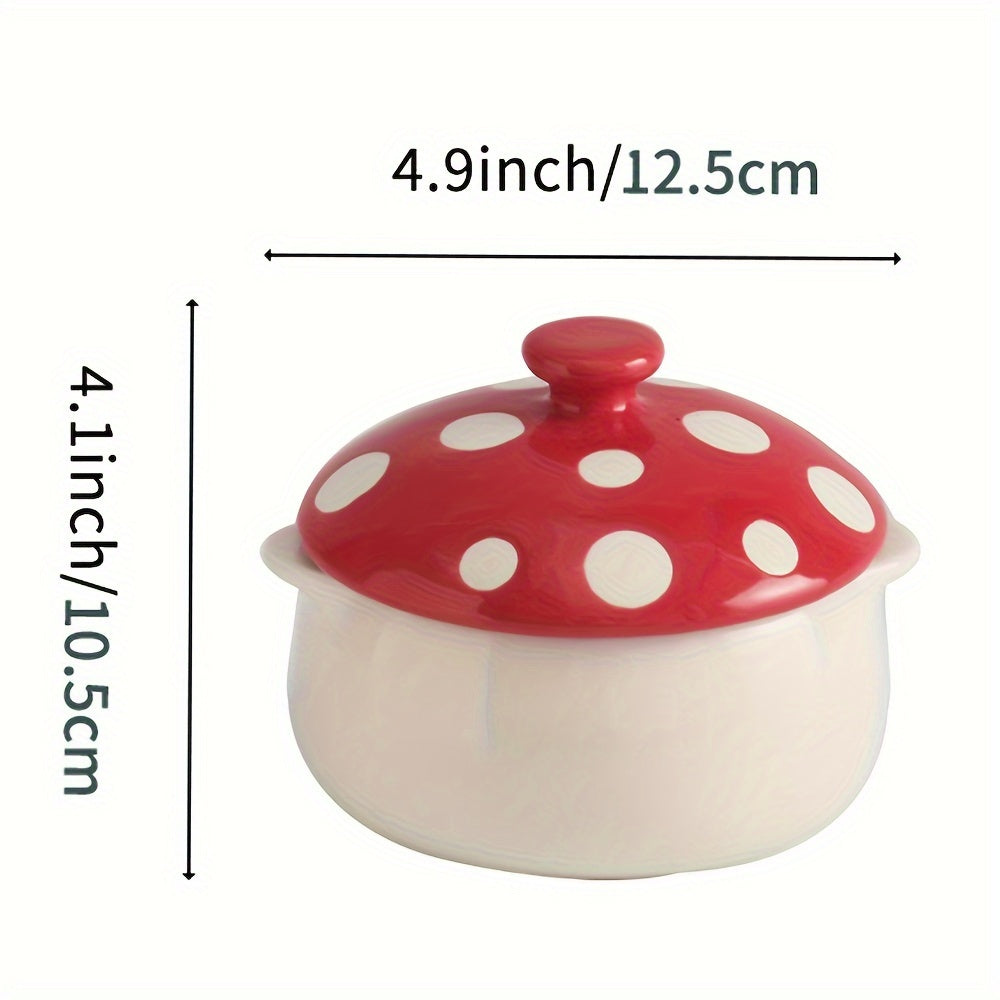 1 pc, Red Mushroom Bowl with Handle, Ceramic Soup Bowl with Lid, Porcelain Soup Pot for French Onion Soup, Pot Pie, Cereal, Chilled Storage, Pasta, Beef Stew, Microwave & Oven Safe