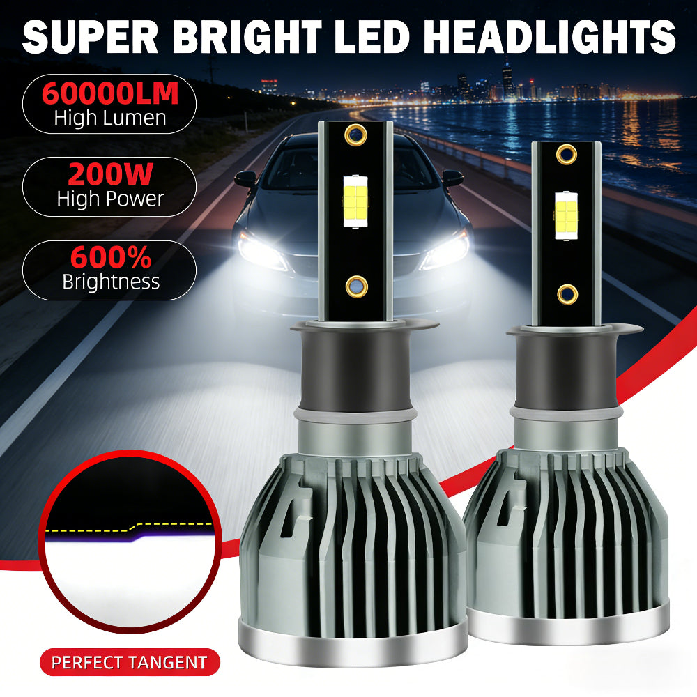 -Pack LED Headlights 60000 Lumens High Brightness 200W High Power 600% Brightness Increase 6000K White Light Output Equipped with High-Efficiency Turbo Fan Cooling Design Fits Most Car Models Plug-and-Play