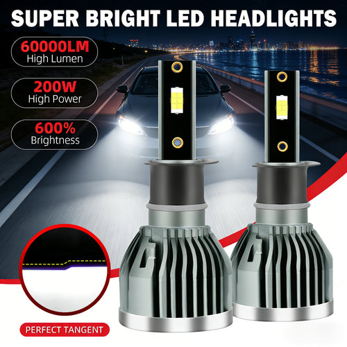 -Pack LED Headlights 60000 Lumens High Brightness 200W High Power 600% Brightness Increase 6000K White Light Output Equipped with High-Efficiency Turbo Fan Cooling Design Fits Most Car Models Plug-and-Play