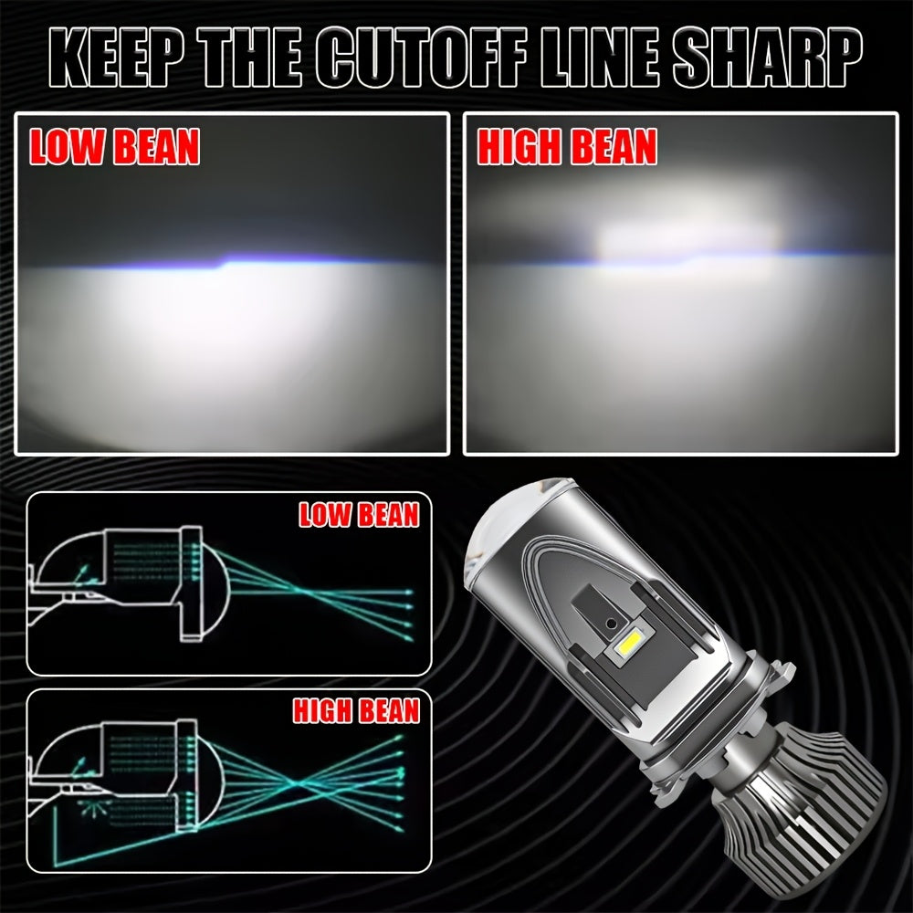 Two H4-QD054 Super Bright 6500K White Light CSP LED Headlights, Luminous Flux Up to 50000LM per Pair, Lens Design for Ideal Beam, Built-in Driver with Fan for Extended Lifespan, No Battery Included