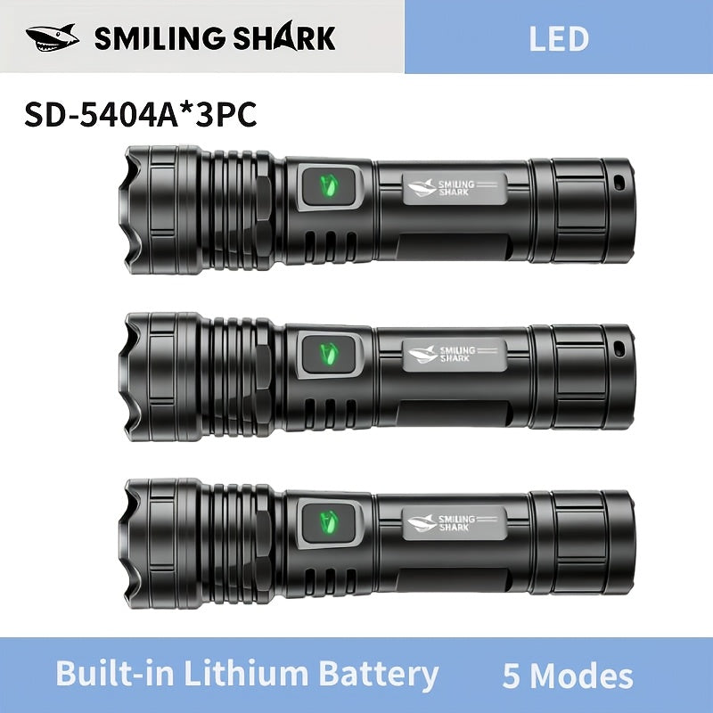 1Pc/2Pcs/3Pcs SMILING SHARK Rechargeable Flashlight, Super Bright Handheld Light, LED Torch, Zoomable High-Light Flashlight, Telescopic Design, Ultra-Long Battery Life, 5 Lighting Modes, Ideal for Home Emergency Hiking Travel SD5404