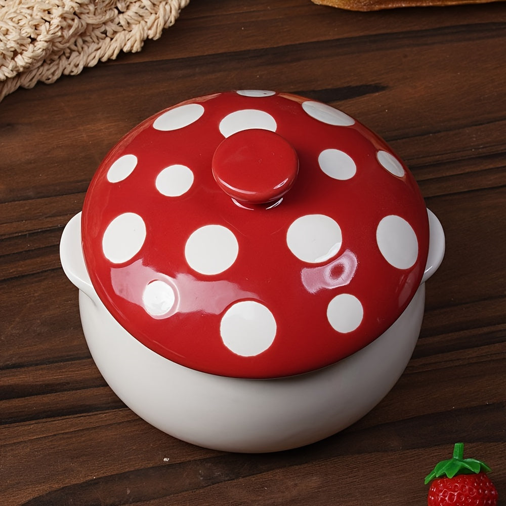 1 pc, Red Mushroom Bowl with Handle, Ceramic Soup Bowl with Lid, Porcelain Soup Pot for French Onion Soup, Pot Pie, Cereal, Chilled Storage, Pasta, Beef Stew, Microwave & Oven Safe