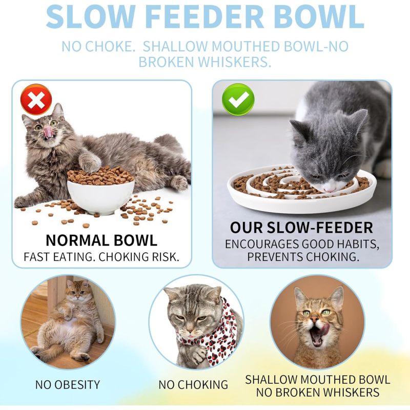 陶瓷缓食猫碗带迷宫设计与慢食碟 - 触须友好型食盆，适用于干湿粮，猫咪益智喂食器，陶瓷猫碗助力缓慢进食习惯与精神刺激