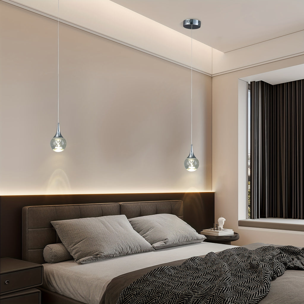 Modern chrome gold spherical LED pendant light, with 3D antler crystal lampshade — adjustable hanging height, warm light 3200K, suitable for kitchen island, dining room or bar, elegant droplet shape, kitchen island lighting