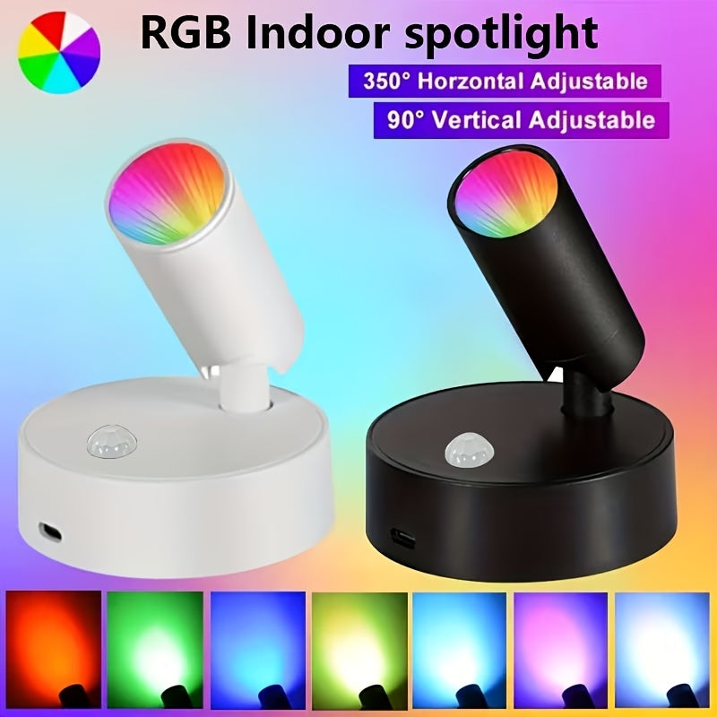 Rechargeable color LED spotlight | Indoor color-changing wall light with fixed light color switch, detachable lamp, motion sensor control, plastic lampshade | Perfect for plants, murals, display decoration, home parties, festive atmosphere