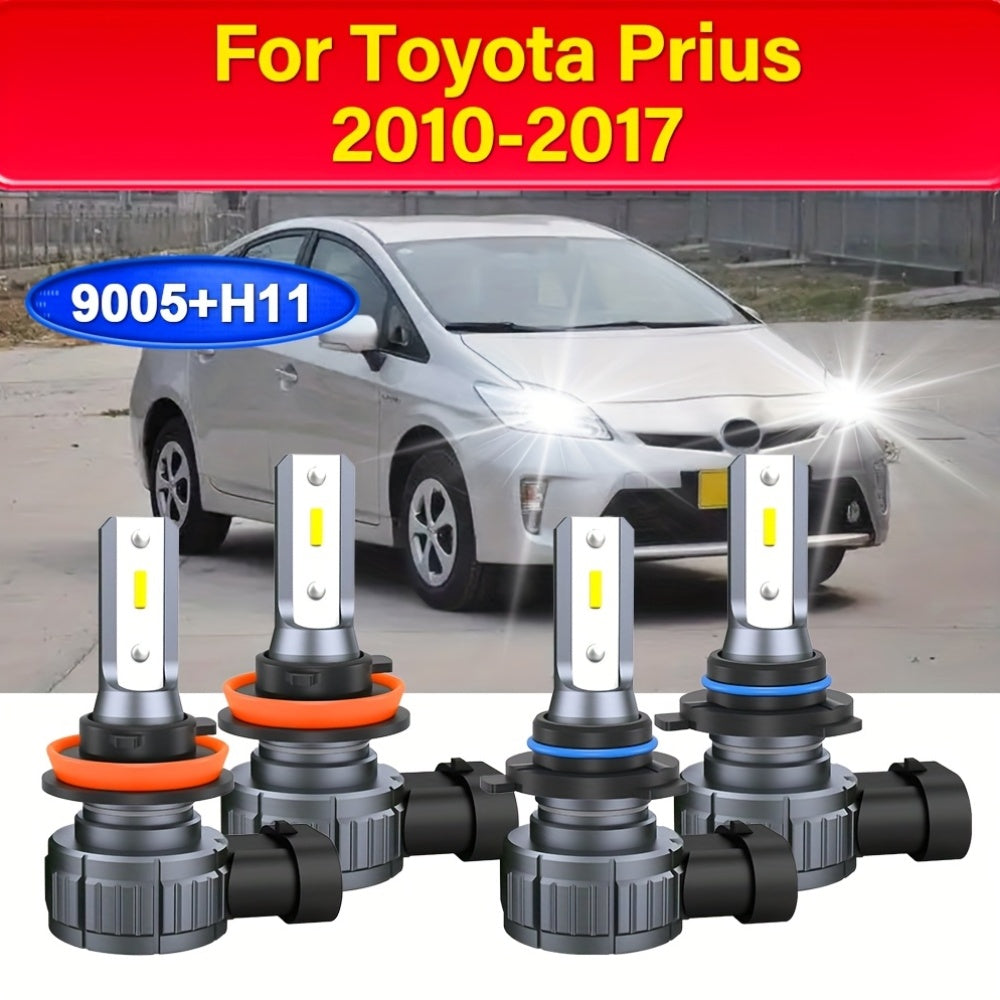 9005/HB3 H11 LED Headlight 4-Piece Set, Cool White 6500K, for 2010-2017 Toyota Prius, 600% Brightness Increase, High/Low Beam Both Easy to Install, Compact 1:1 Size, 3570 CSP Chip, No Battery Included