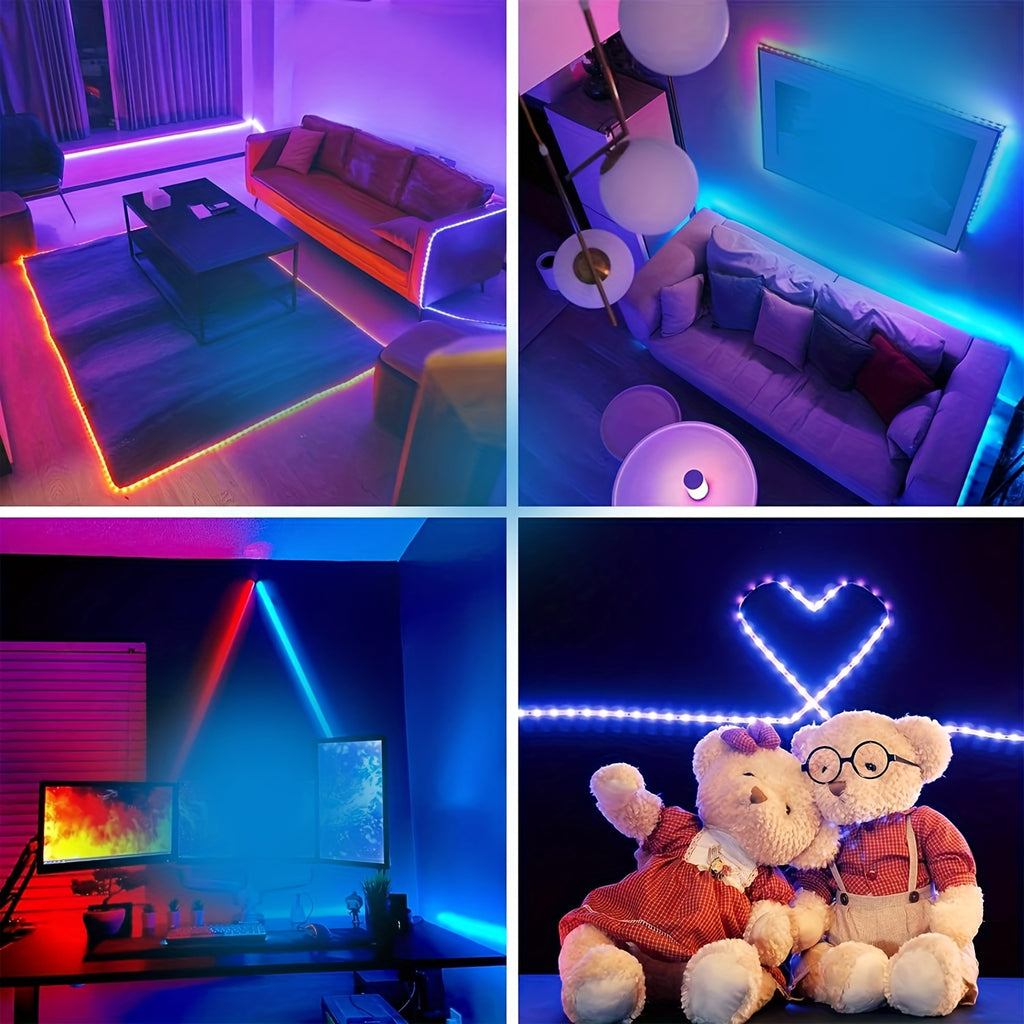 3.28英尺-100英尺 RGB LED灯带，带遥控器，可调节颜色变化，柔性设计，适用于卧室、厨房、天花板和房间氛围照明 - 节能