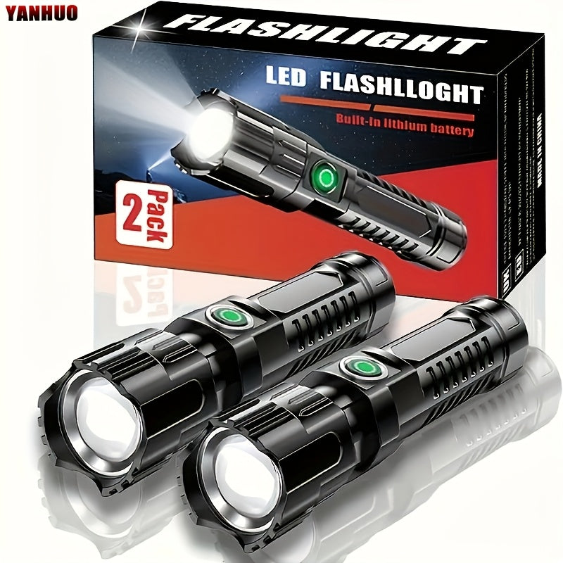 Two Ultra-Bright Flashlights, High Lumen Tactical Flashlight with 3 Modes, Zoomable, Portable Camping Flashlight for Outdoor Hiking & Home Emergency, Built-in Lithium Battery