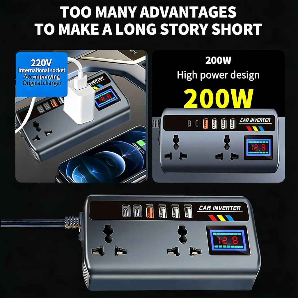 200W车载电压转换器逆变器，从DC 12V/24V到AC 220V，双通用插座+6个USB端口，数字电压显示，智能快速充电和大功率变压器-适用于汽车、卡车和SUV