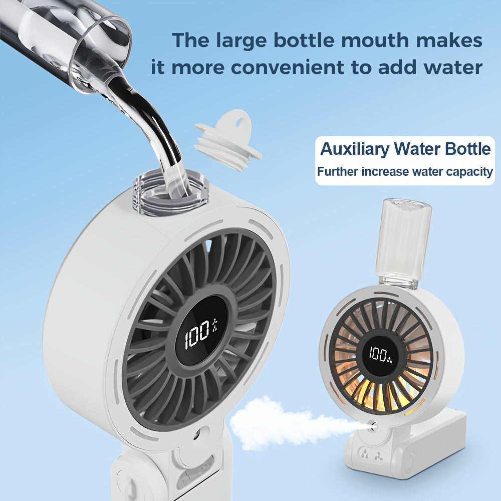 Rechargeable Portable Fan, Handheld Foldable USB Mist Fan with Removable Water Tank & Color Night Light, 3600mAh Battery, 1-100 Speed Adjustable, Strong Wind, 3-in-1 Handheld/Desktop/Hanging Use