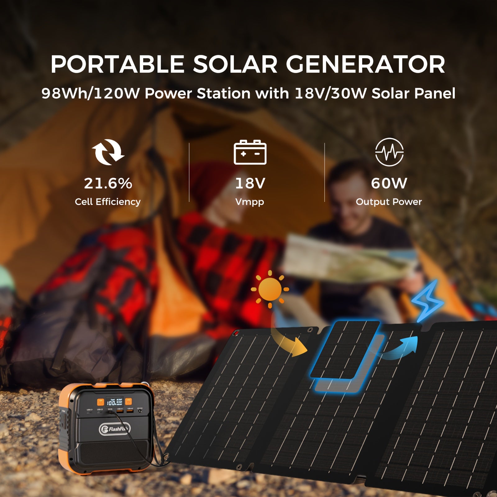 可攜式電源站 120W/150W/200W 峰值 露營太陽能發電機 98/166/172.8Wh 電源供電器，含 30/60W 太陽能板，具備 110V AC 插座和多重輸出 LED 手電筒，適用於 CPAP 家用露營 颶風 緊急情況 聖誕禮物