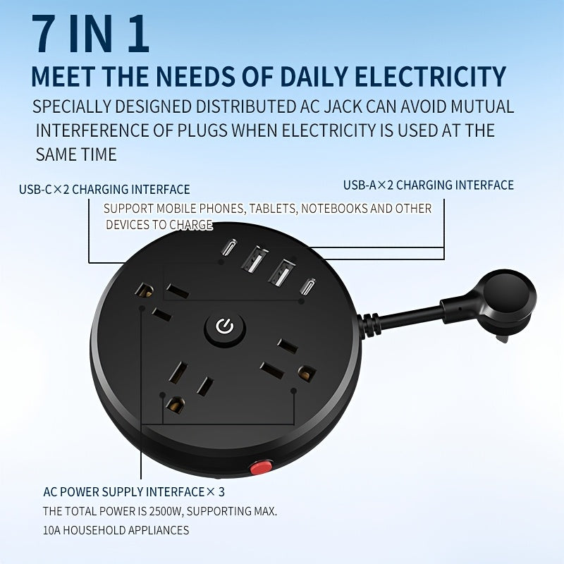 7-in-1 Multi-functional Wall Short-line Power Socket, 2 Packages Of The Same Type Delivered, Including Overload Protection And Power Switch Indicator Light, 3 Power Output 2 USB And 2 Type-C, Practical One-turn Multi-power Socket