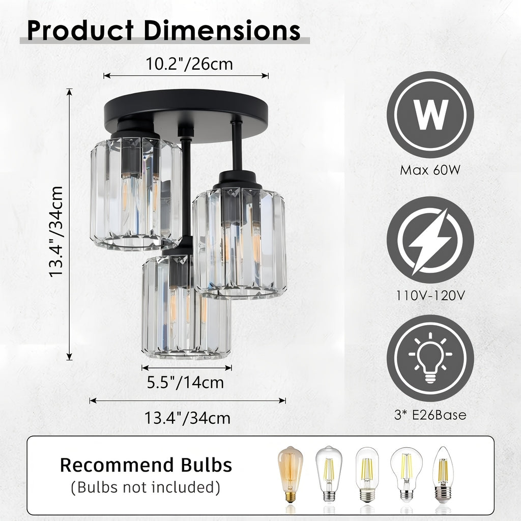 Modern semi-flush mount ceiling light, three-light crystal chandelier, E26 base pendant light, suitable for living room, dining room, bedroom, kitchen, hallway