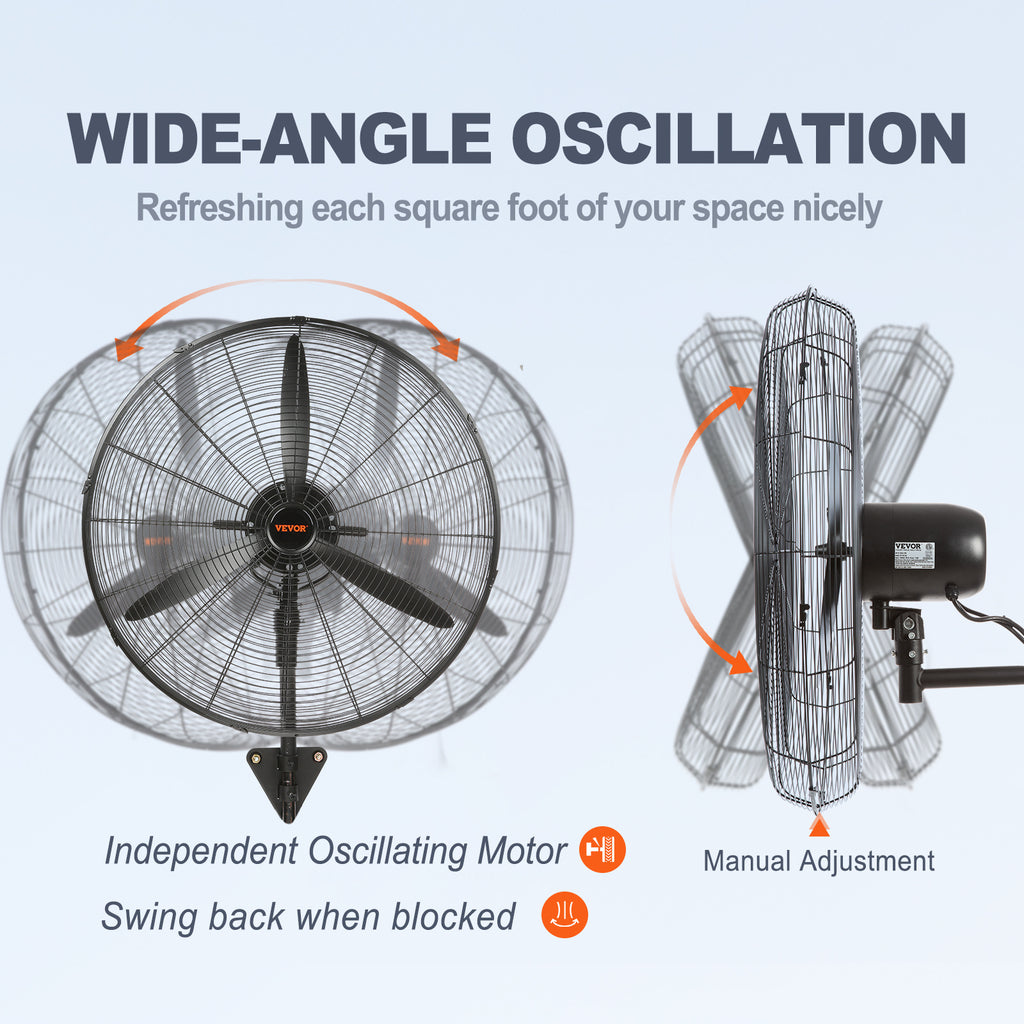 VEVOR Wall-Mount Misting Fan, 24"/30", 3-Speed High Velocity Max 7000 CFM / 9500 CFM, Waterproof Oscillating Industrial Wall Fan, Commercial/Residential for Warehouse, Greenhouse, Workshop, Black, ETL Listed