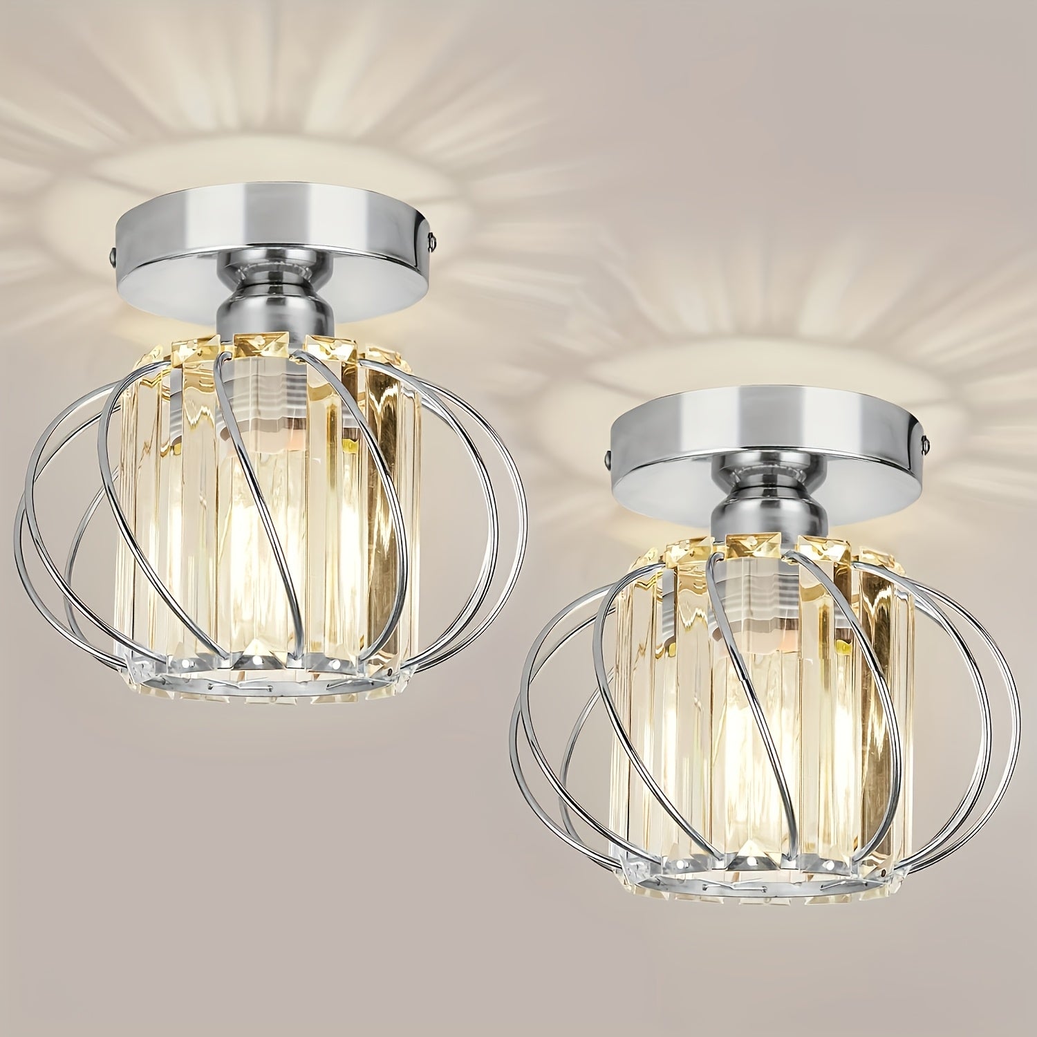 2-Piece Modern Industrial Semi-Flush Mount Pendant Light with Crystal Accents - Polished Metal Cage Design, Semi-Flush Mount Installation for Living Room, Kitchen, Bathroom, Entryway - Bulbs Not Included, Kitchen Lighting