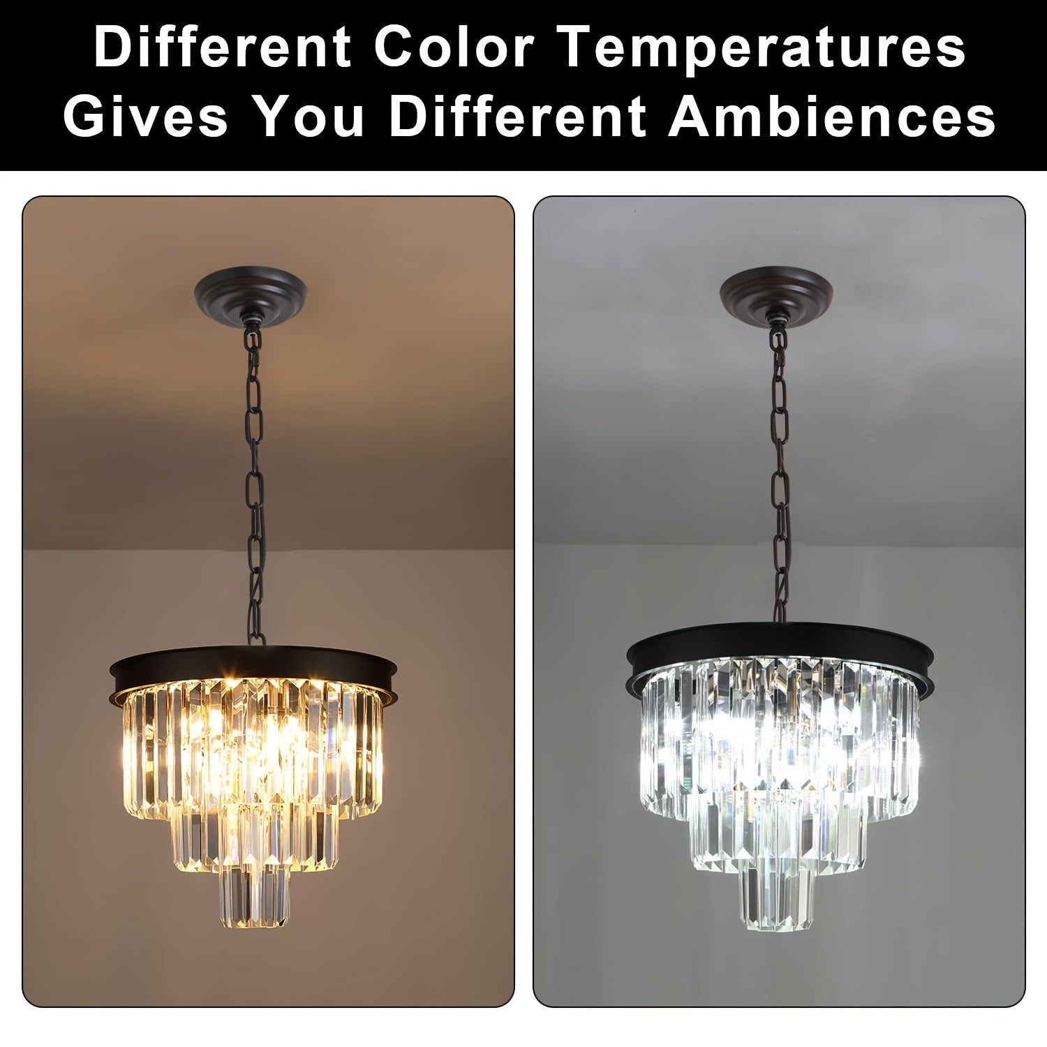 Modern Crystal Chandelier, Black Ceiling Pendant Light, 3-Layer Dimmable Recessed Pendant Light, Round Raindrop, Suitable for Living Room, Dining Room, Foyer, Kitchen Entrance (Bulb Not Included)