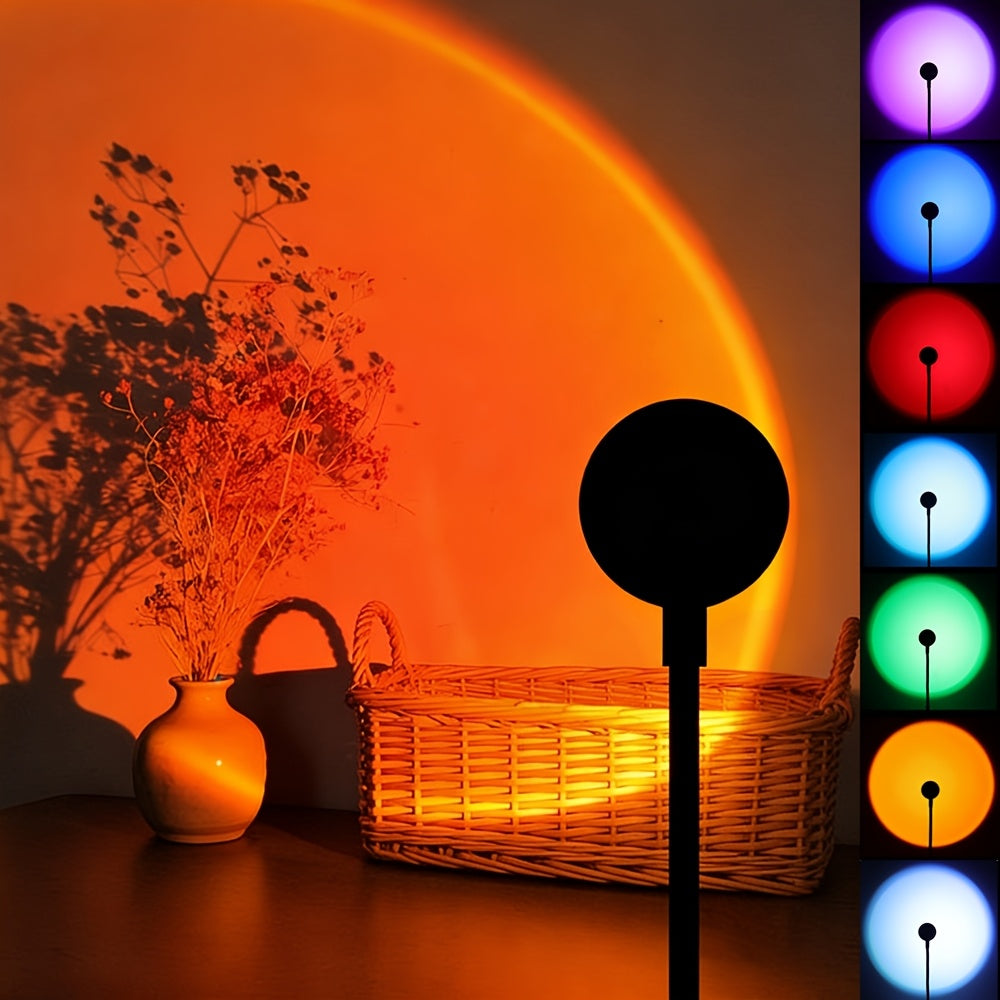 Colorful LED Sunset Lamp, 7 Colors Adjustable, USB Plug-and-Play, 360° Rotation, Sunset Light, Twilight Atmosphere Light, Suitable for Walls, Ceilings, Background Walls, Mini Portable, Great for Festivals, Parties, Gatherings