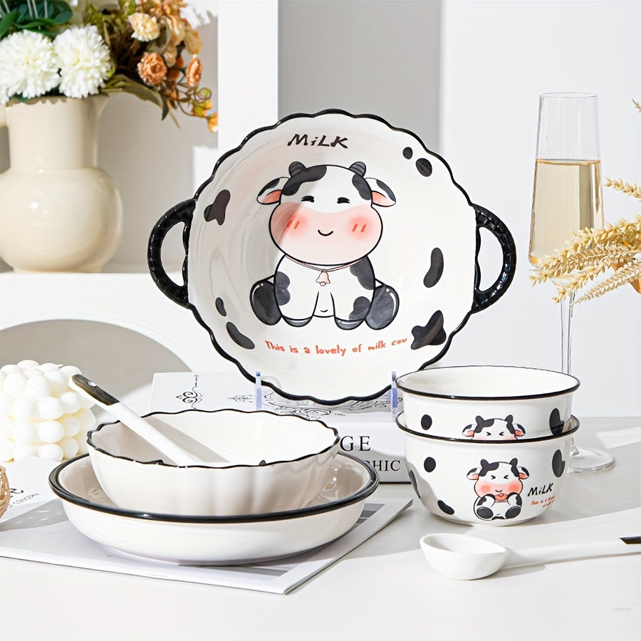 DUDU Cow Ceramic Dinnerware – 3/4pcs, Cute Cartoon Style, Rice Bowl / Salad Bowl / Soup Bowl / Handle Bowl, Small Spoon – Perfect for Dormitory or College Students