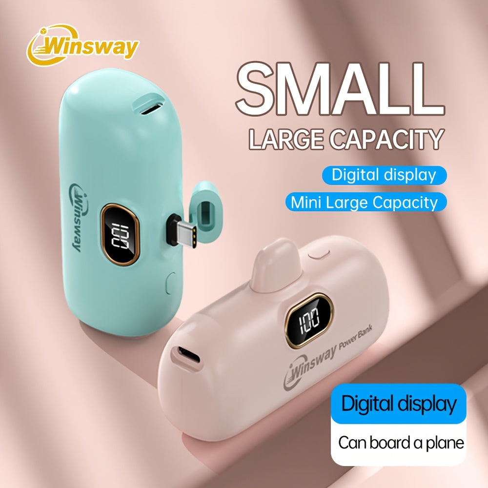Winsway迷你便攜充電寶5000mAh，Type-C手機移動電源，LED數顯屏，適用於iPhone 17/17 Plus/16 Pro/16 Pro Max/iPad Pro/安卓手機，手機必備聖誕禮物