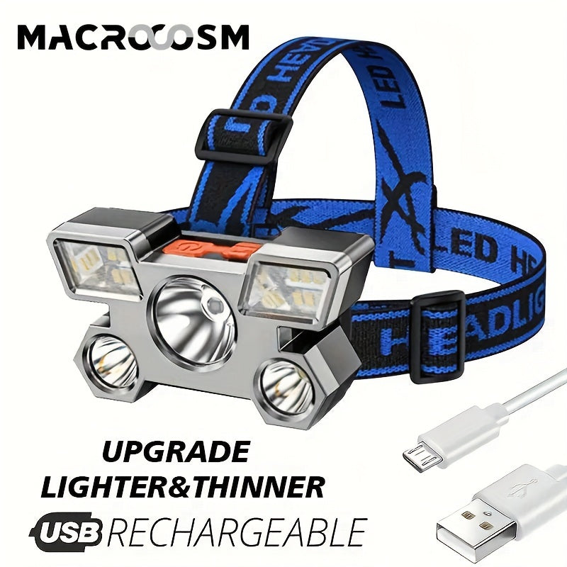 Rechargeable 5-LED Headlamp, Built-in Battery, Home Night Light, 4 Modes, Portable Flashlight, Lightweight USB Headlamp, Small Light for Camping, Fishing & Hiking