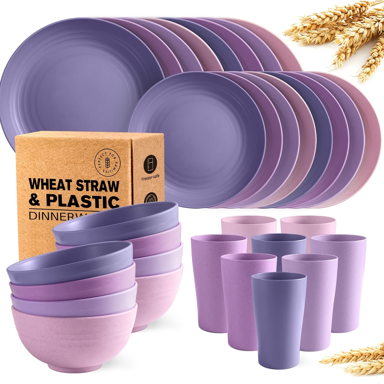 16/32Pcs Wheat Straw Plastic Tableware Set 4/8 Person Unbreakable Dinner Plate Dessert Plate Cereal Bowl Cup Outdoor Camping Family Birthday Party Tableware